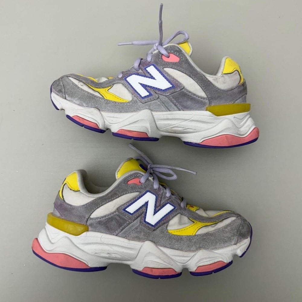 New Balance 9060 sneakers in gray, yellow and pink with purple accents size US 3